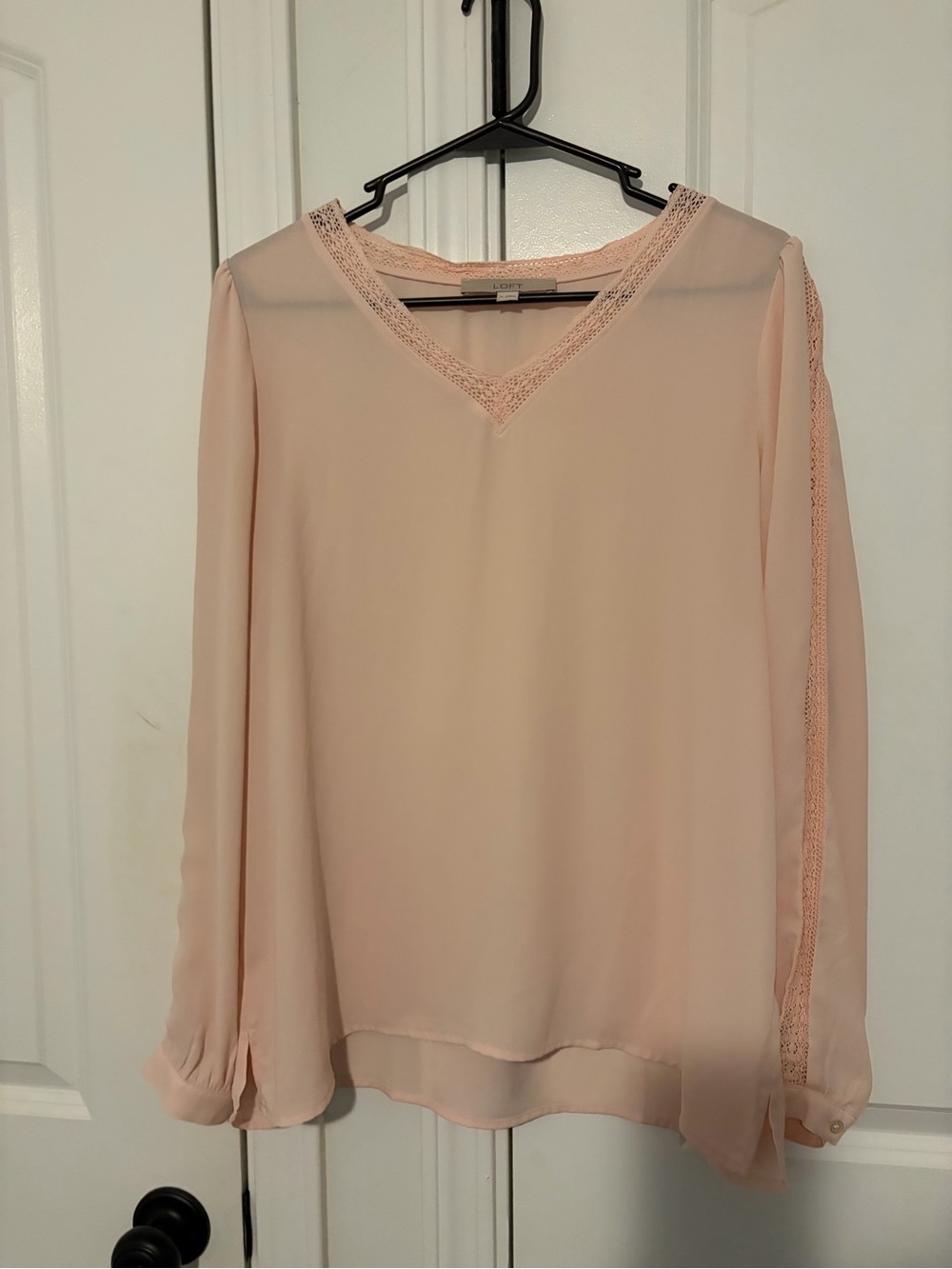 LOFT Pale Pink Lace-Trim V-Neck Blouse